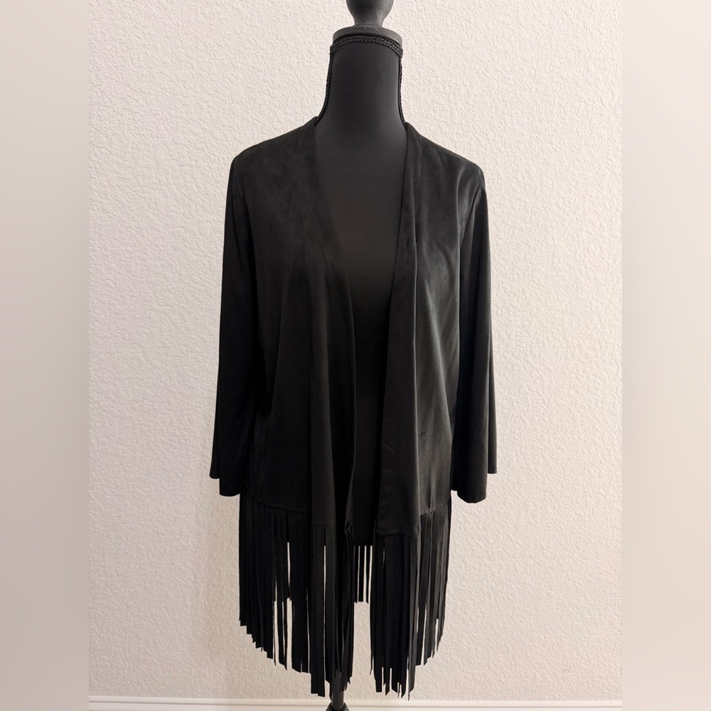 Zara Black Women’s Faux Suede Open cape/Jacket Fringe Bohemian Style Outerwear